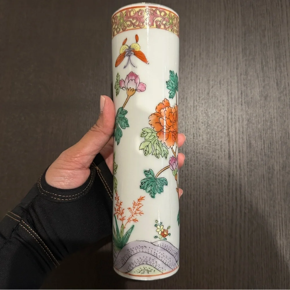 Vintage Oriental Asian Multicolor Artwork Cylindrical Round Vase 8” Tall approx.